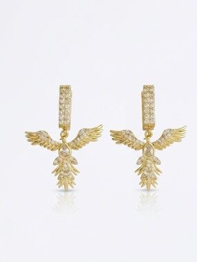 14K Gold Plated Phoenix Wing Huggie Hoop Dangle Earrings with CZ Stones | Trendy